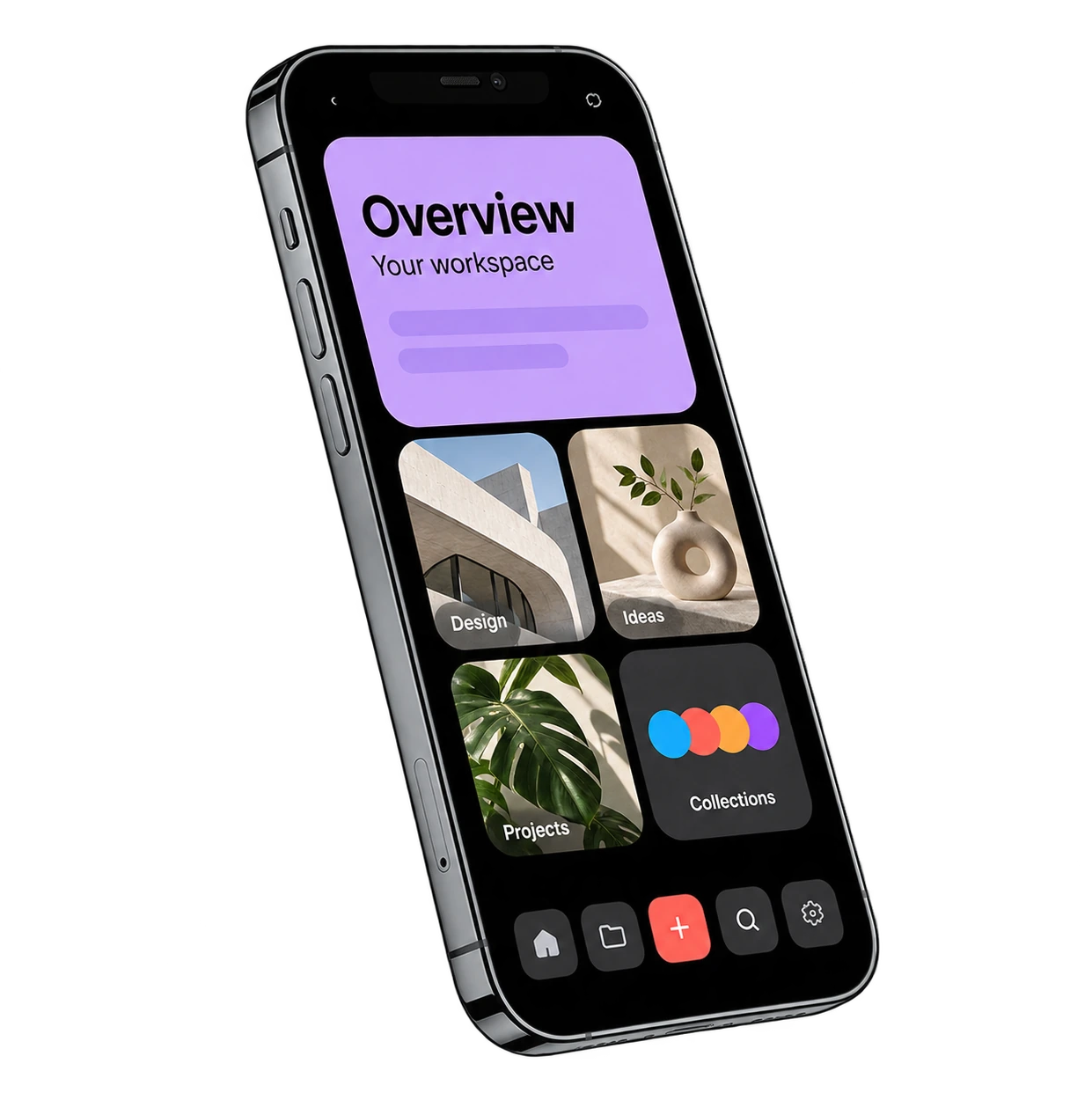 Angled iPhone displaying a lavender workspace